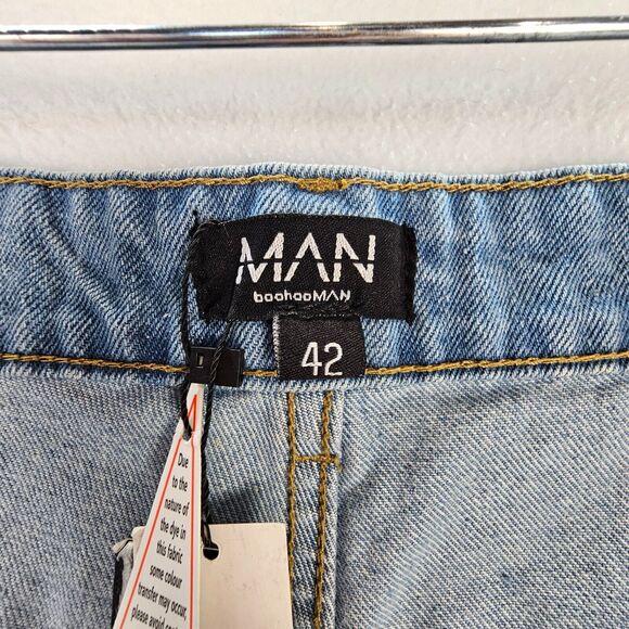 NWT Boohoo Man Mens 42 Ice Blue Denim Jean Plus Skinny Rigid Stacked Print Cargo - Picture 4 of 16